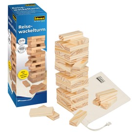 Idena 40088 Wooden Travel Game with 54 Building Blocks and Storage Bag, Approx. 5 x 5 x 15 cm Stacking Tower