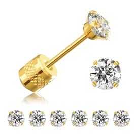 Threadless Flat Back Stud Earrings, 6 Pairs Titanium Hypoallergenic Earrings for Women Men, Cubic Zirconia Silver Gold Stud Earrings Surgical Stainless Steel Stud Earrings Set for Cartilage 2-8mm (Gold-5mm)