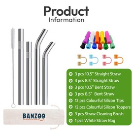 Reusable Stainless Steel Drinking Straws With Silicone Tips, Toppers, Cleaning Brushes & Travel Case Premium Quality 10.5" & 8.5" Straight and Bent Metal Straws Fit For 20, 24, 30 OZ Tumbler (Silver)