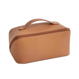 CORIOS Large Capacity Travel Cosmetic Bag Make Up Bag with Handle and Zipper Multifunction Waterproof Toiletry Bag PU Travel Organiser Bag Wash Bag for Women Ladies Girls Brown