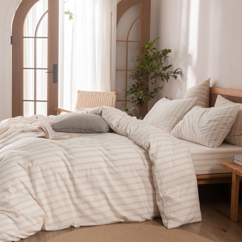 Striped Cotton Duvet Cover Set Linen Feel Queen