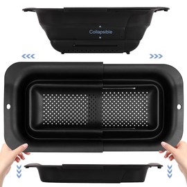 ROTTOGOON 7Qt Collapsible Colander Strainer, Expandable Over the Sink Colander, Adjustable Silicone Kitchen Sink Strainer, Foldable Large Colander Basket to Wash Vegetable, Fruit, 15" to 19.10", Black