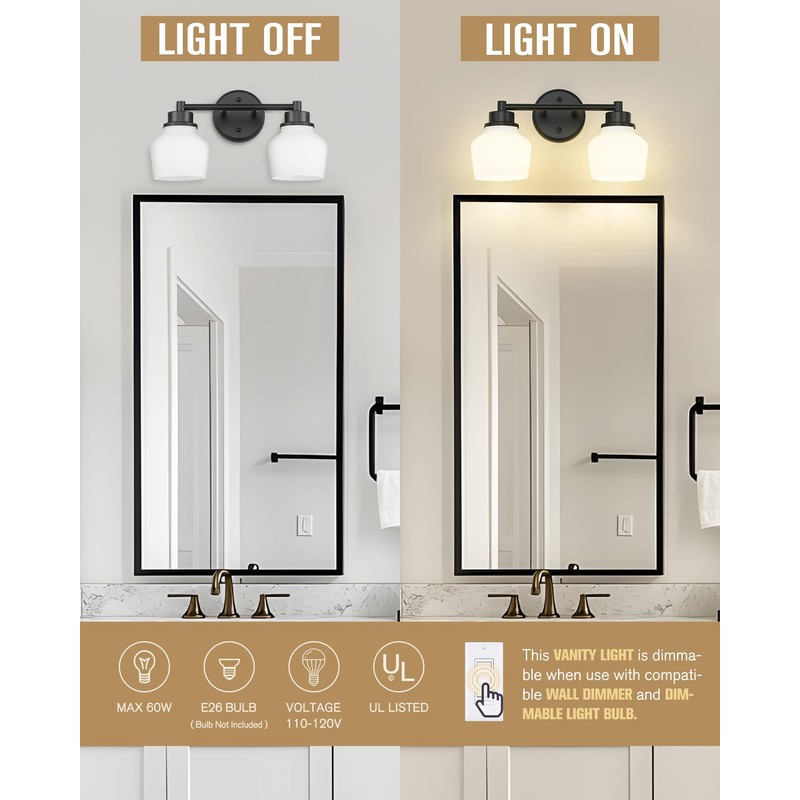 Emak 2-Light Vanity Light, Modern Farmhouse Black Bathroom Fixture Over