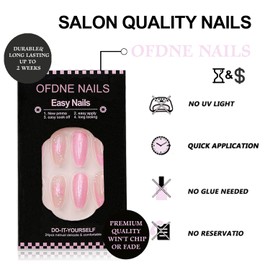 Pink Press on Nails Medium Almond OFDNE French Tip Fake Nails Starfish Pearls False Nails with Designs Glitter Glossy Glue on Nails Beach Nails Summer Acrylic Nails for Women Girls 24Pcs