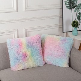 DJDEA Cushion Covers, Set of 2, Cuddly Fluffy Cushion, 50 x 50 cm, Cover, Artificial Fur, Decorative Decorative Cushion, Fluffy Cushion Cover for Sofa, 50 x 50 cm (Rainbow, 50 x 50 cm)