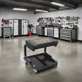 Torin TR6100W1 Blackjack Rolling Creeper Garage/Shop Seat: Padded Mechanic Stool with Tool Tray Storage, Black