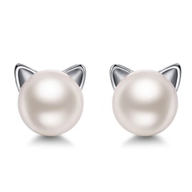 Beautiful Cat Pearl Earrings, 925 Sterling Silver Cat Jewellery Gift, Dainty Kitten Animal Hypoallergenic Jewellery Gifts for Women Girls, Alloy Steel