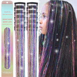 MISSUHUI 12Pcs Hair Tinsel Clip in 23.6Inch Clip in Hair Tinsel Colorful Glitter Tinsel Hair Extensions Heat Resistant Tinsel Hair Clips Sparkly Fairy Hair Accessories for Girls Women Kids (Colorful)