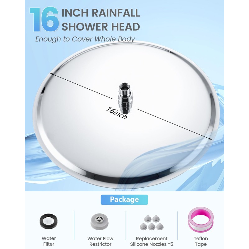 KINLIV 16 inch Large Ceiling Rainfall Shower Head Chrome -
