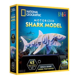 National Geographic Motorized Shark 3D Puzzle - 45-Piece 3D Wood Model Kit with Light-Up Motorized Display Base with 8 Light Settings, 3D Puzzles for Kids, Wooden Animal Puzzle, Shark Toy