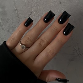 KQueenest Duck Press on Nails Medium - Summer Press on Nails Black, Glossy Opaque Fake Nails with Glue, Fit Perfectly, Reusable Soft Gel Glue on Nails for Women, 24 Pcs