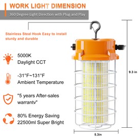 150W LED Temporary Work Light 5000K Daylight 22500 Lumens Super Bright with Fan Radiator Stainless Steel Guard Construction Lights Sturdy Hook Suitable for workshops, Construction Sites, etc.