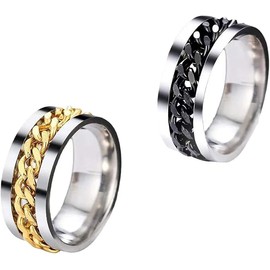 2pcs Mens Ring for Anxiety Relief - Stainless Steel Black and Gold Anxiety Ring, Rings Men with Multiple (Black and gold, 7)