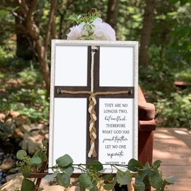 Matthew 19:6 What God Has Joined Sign 15"X10" Cord of Three Strands Braid for Wedding Ceremony Ideas Wood Frame Christian Marriage Gifts Decor for Couple Anniversary Religious (White)