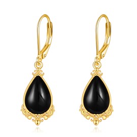 Black Onyx Earrings 925 Sterling Silver 14k Gold Teardrop Dangle Earrings Black Stone Jewellery Gifts For Women Girls (Black Onyx)