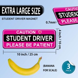 NIMONA Student Driver Magnet for Car - 3 Pack Funny Please Be Patient Removable Magnetic Bumper Sticker Set - Reflective New Driver Safety Sign - Weather-Resistant - 10 x 4 inch (Pink)