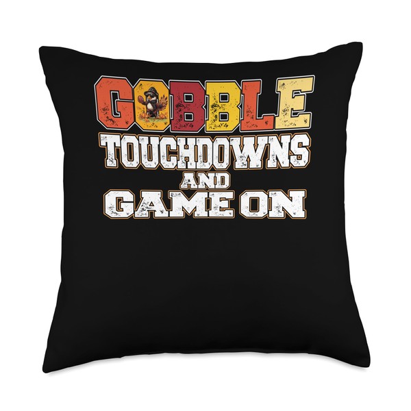 Thanksgiving Football Turkey Gobble Touchdowns and Game on Throw Pillow
