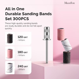 MelodySusie 300 Pcs Sanding Bands with Mandrel,120 Medium, 180 Fine, 240 Extreme Fine Grit, E-File Sand Piece Nail Drill Bits Set for Acrylic, Gel Removal, Manicures and Pedicures