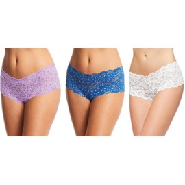 JENNY JEN Zoe 3-Pack Lace Hipster Underwear for Women, Cheeky Stretch Bikini Panties Set (X-Large, Pastel Lilac/Electric Blue/White)