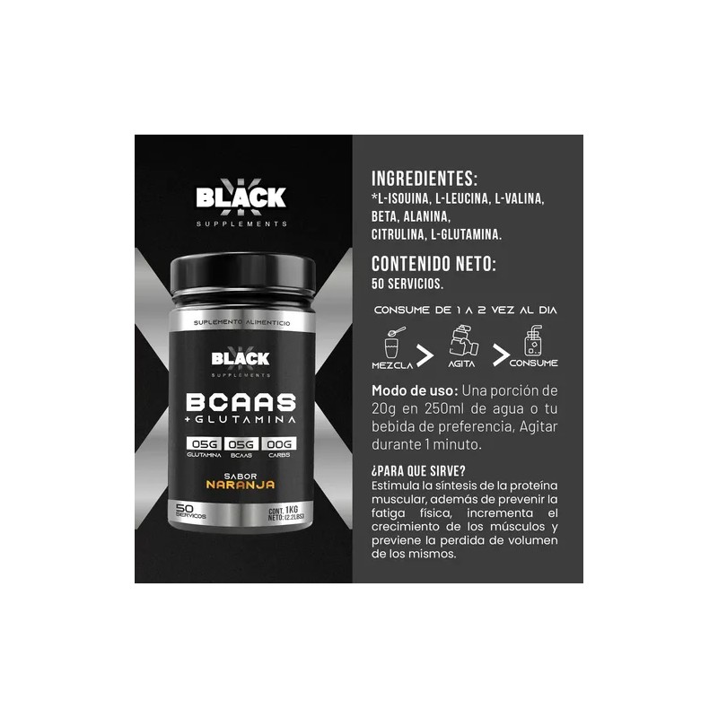 Black Supplements Aminoácidos Bcaas Glutamina 1kg Naranja