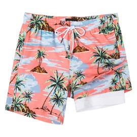 SURF CUZ Mens Swim Trunks with Compression Liner Quick Dry Swim Shorts 7" Swimming Trunks Stretch Bathing Suit 7 Inch,Twilight Beach,M