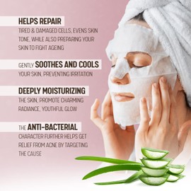 Korean Aloe Vera Facial Sheet Masks, Pack of 10 Deep Moisturiser Beauty Masks, Soothe, Heal & Rejuvenate Skin, Anti Ageing & Anti Bacterial, Diminishs Fine Line & Wrinkles