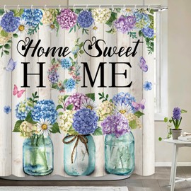 Farmhouse Shower Curtain,Blue Purple Hydrangea Floral Shower Curtain,Spring Hydrangea Flower Rustic Wood Home Sweet Home Bathroom Decor,Country Wooden Theme Decor Curtains with Hooks,72x72 in