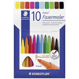 STAEDTLER Triplus Colour Fibre-Tip Pens, Ergonomic Triangular Shape, Sturdy, Impression-proof 1.00 mm Tip, Dry Safe, PP Shaft, Cap with Breathing Air Channel, 10 Fibre-Tip Pens in Cardboard Cushion