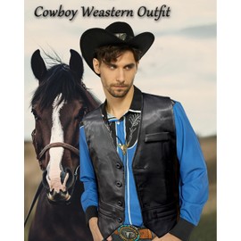 kasahara Cowboy Costume Western Outfit for Men Cowboy Hat Western Leather Vest Cowboy Buckle Belt Necktie Cowboy Costume Accessories 4 Pcs M