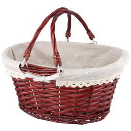 FUNSUEI Wicker Picnic Basket, Wicker Basket with Handle, Basket with Lining, Small Woven Basket for Storage, Decoration, 36 x 28 x 17 cm