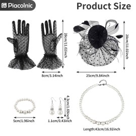 Piacolnic 5 Pieces Fascinators Hat for Women Tea Party, Fascinators for Women High Tea Retro Black Fascinator Hats Lace Gloves Necklace