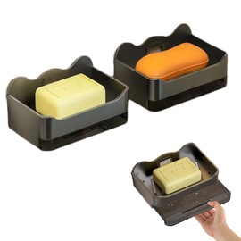Pack of 2 Soap Dish, Plastic Soap Dish with Drain, Soap Dish No Drilling, Draining Soap Box with Hooks, Soap Dish Black and Dark Grey, Soap Holder for the Bathroom Kitchen, 13 x 8 x 4 cm