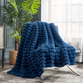 Cozy Bliss Faux Fur Throw Blanket for Couch, Cozy Warm Plush Striped Blanket for Sofa Bedroom Living Room,50 * 60 Inches Navy Blue