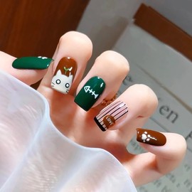 KKUUOO Kawaii Press on Nails Medium Fake Nails Cute Cat False Nails with Love Design Fall Press on Nails Brown Green Acrylic Nails Full Cover Artificial Nails Jelly Press on Nails for Women Girls