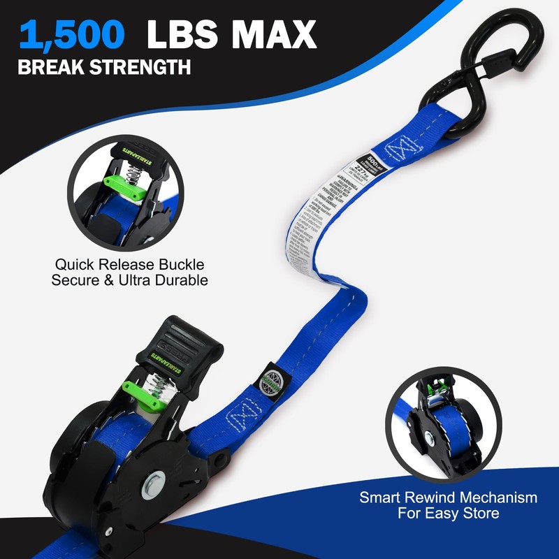 Retractable Ratchet Straps(4PK 1.0INX12FT) - 1,500lb Break Strength, Ratchet Straps