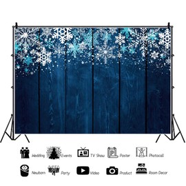 Haoyiyi 5x3ft Winter Snow Photography Backdrop White Crystal Snowflakes Navy Blue Wooden Textured Plank Wall Background Photo for Winter Festival Xmas Decoration Baby Children Photo Shoot Props