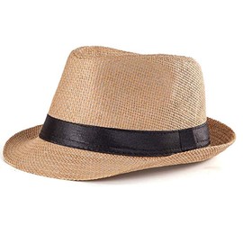 Fedora Straw Hat for Mens Women Sun Beach Derby Panama Summer Hats w Brim Black to White, Tan Black Belt, 7-7 1/2