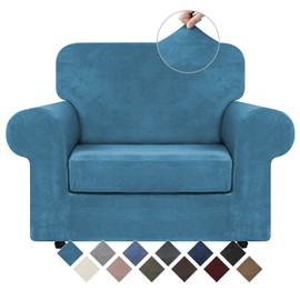 WEERRW Velvet Stretch Chair Sofa Slipcover - 2 Pieces Luxury Soft Velvet Plush Couch Cover Furniture Protector with Elastic Bottom for Pets, Machine Washable, Peacock Blue, Small