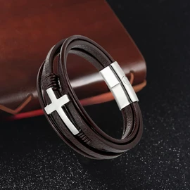REchoLI Cross Bracelet for Man Brown Braided Leather Bracelet with Stainless Steel Gold/Silver Cross Charm Stylish Christian Jewelry Stainless Steel clasp (Silver)