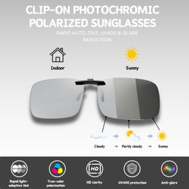 Polarized Clip on Sunglasses, Photochromic Prescription Anti Glare Driving Glasses UV400 Protection, Rectangle Clip HD Driving Glasses Rimless for Mens Women