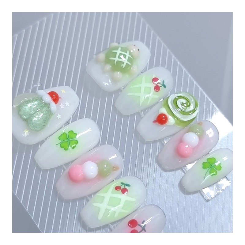 Green tea-eaten turtle handmade nail tip - Petit round /