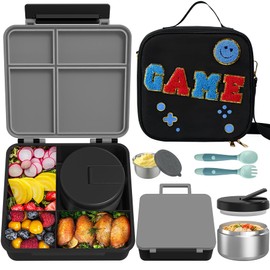 Aimsnk Kids Bento Lunch Box with 8oz Soup Thermo, Kids Leakproof Lunch Food Containers with 4 Compartment,Insulated Hot Food Jar with Lunch Bag for School, Trvael