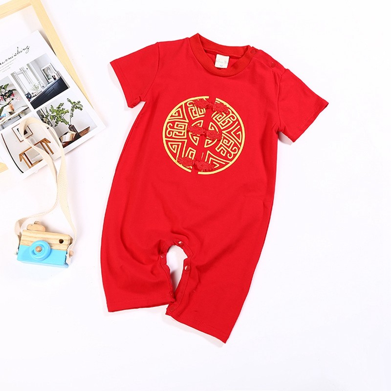 Chinese Style Infant Short Sleeve Embroidery Jumpsuit Cotton Breathable Baby