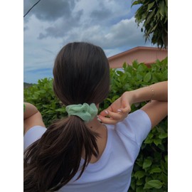 Aesthetic satin hair scrunchies plain sage green light pastel color affordable