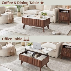 AUZONIMICS Lift Top Coffee Table with Faux Marble Tabletop, Mid Century Modern Coffee Table with Hidden Storage Compartment, Wooden Fluted Rising Pull up Coffee Table for Living Room, Office, Walnut