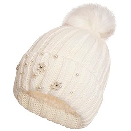 Loxdonz Womens Winter Ribbed Beanie Beaded Pearl Cap Chunky Cable Knit Pompom Soft Fleece Warm Hat (as8, Alpha, one_Size, Standard, Cream)