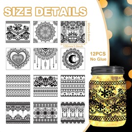 Peacoblue Bohemian Lace Trim Silhouette Cutouts for Jars, Glass, Wishing Bottle Decor(No Stickers), 12Pcs Reusable Silhouette for Lantern DIY Craft Kit Jar Decals Art Mural Home Party Garden Decor