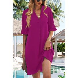 Wkior Summer Dress for Women Short Sleeve Solid Loose Swing Elegant Dress Rosy M