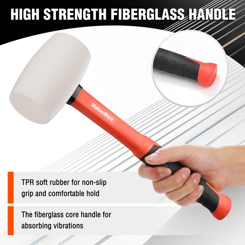 ValueMax 16oz Rubber Mallet Hammer, Fiberglass Handle, Solid Head, Rubber