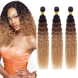 HeioWuio T1B/4/27 Deep Wave Human Hair 3 Bundles Hair Extensions For Women Three Tone Hair Bundle Brown to Honey Blonde Color Hair Weaves 12 14 16 Inch